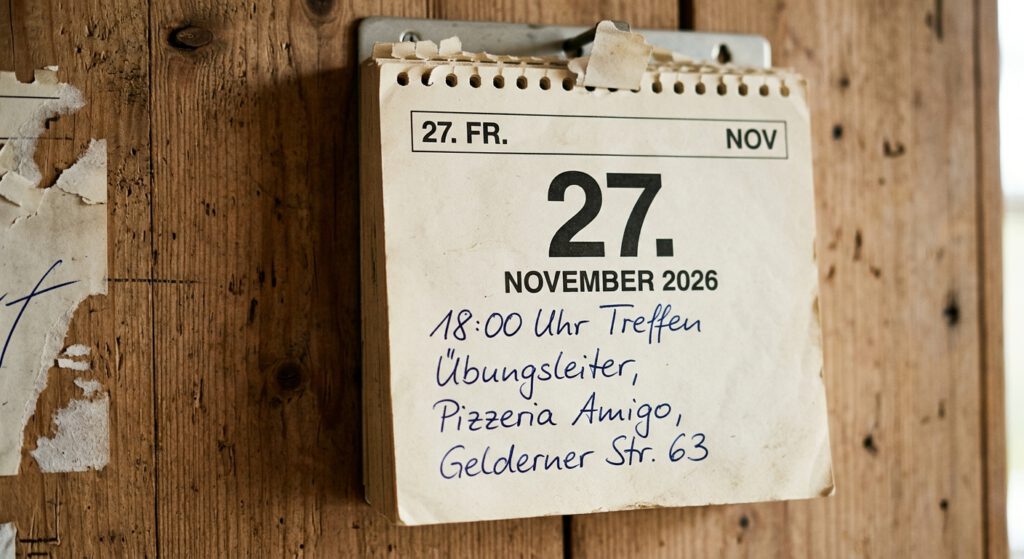 Ein Abreißkalender zeigt das Kalenderblatt vom 27.11.2026. Darauf die handschriftliche Notiz: 18:00 Uhr Treffen Übungsleiter, Pizzeria Amigo, Gelderner Str. 63